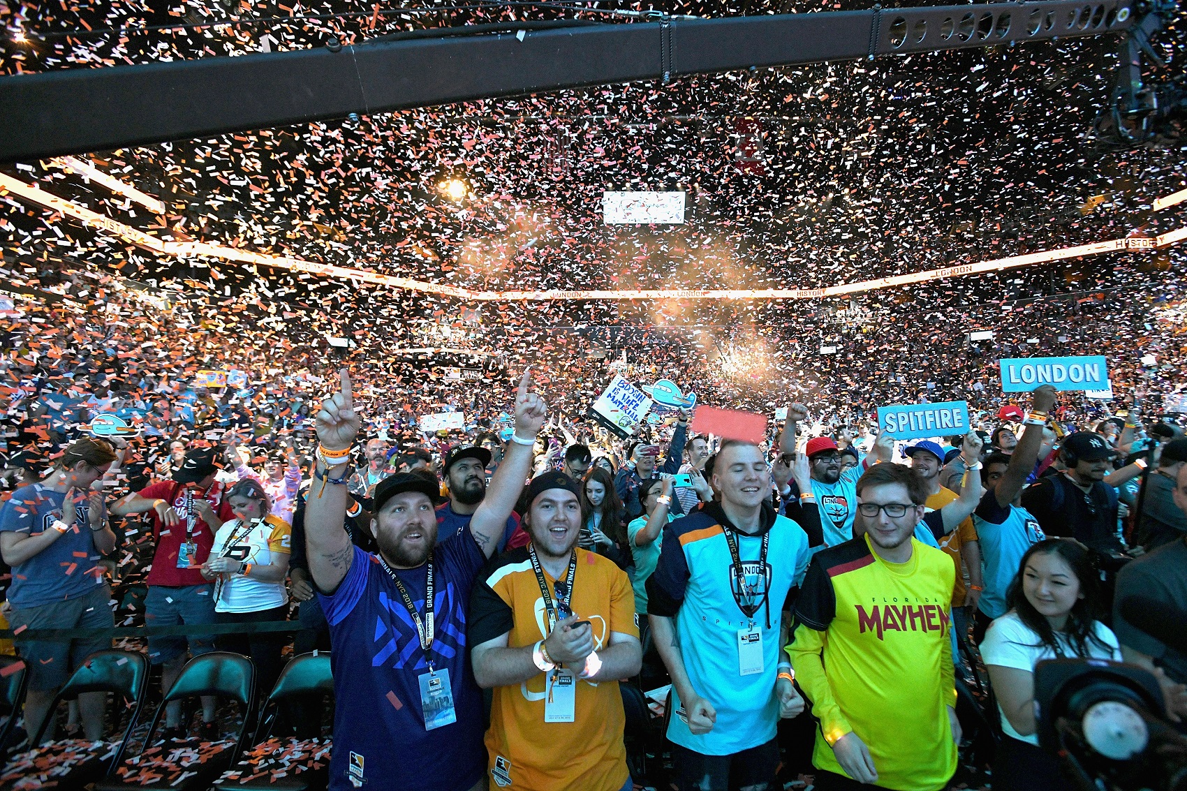 Fans celebrate and the 2018 Overwatch League grand finals.