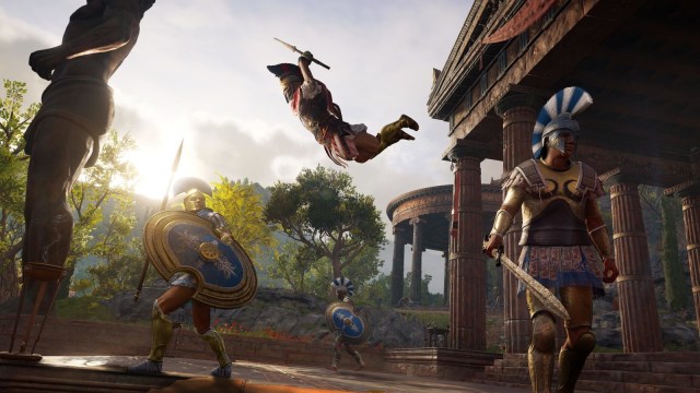 A scene from AC Odyssey featuring the main character assassinating a guard.