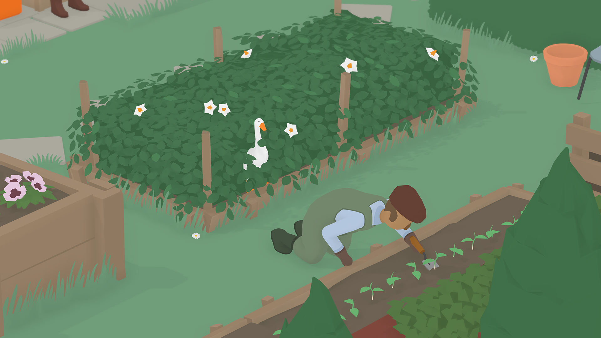 A man in Untitled Goose Game kneeling down in his garden