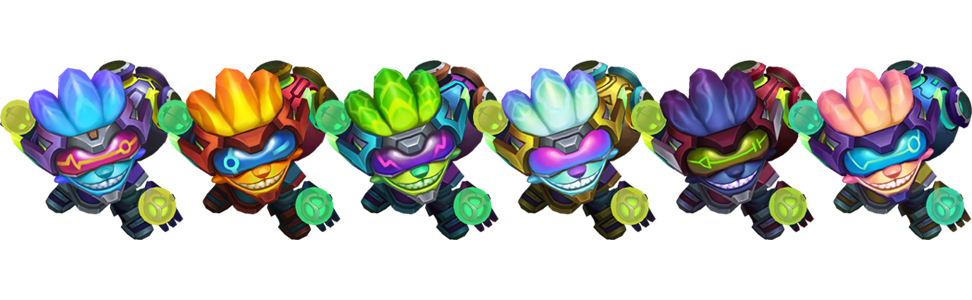Several different cat-like creatures wearing goggles in different colors are lined up.