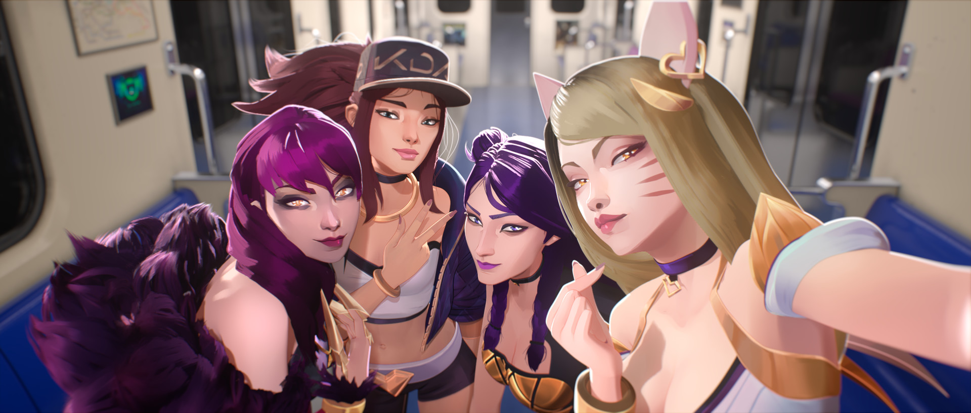 K/DA, a virtual band, posing for a selfie.