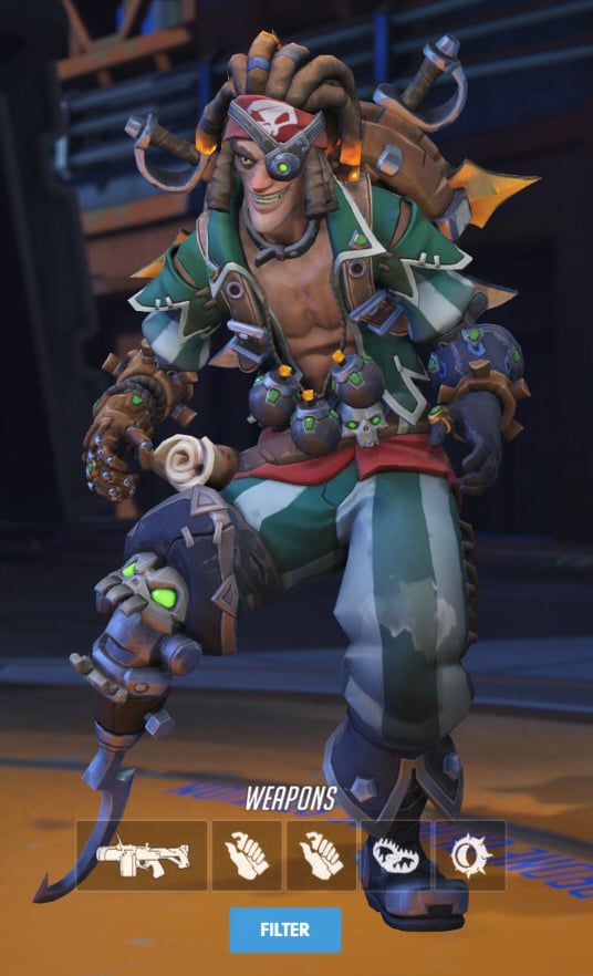 Junkrat wears a pirate-inspired skin.