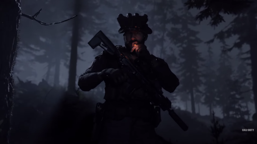 Captain Price from CoD in a dark, wooded area.
