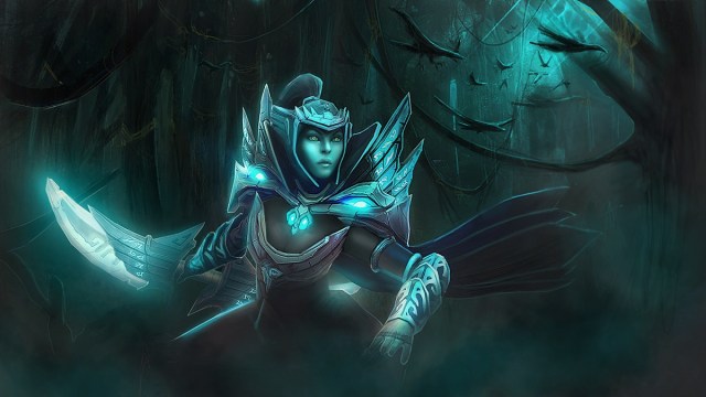 Phantom Assassin brandishing a weapon in a dark forest in Dota 2.