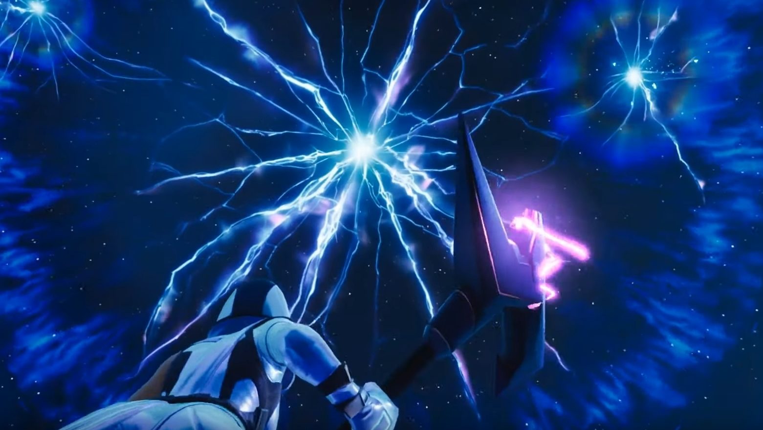 Fortnite battle royale looking toward the sky with lightning