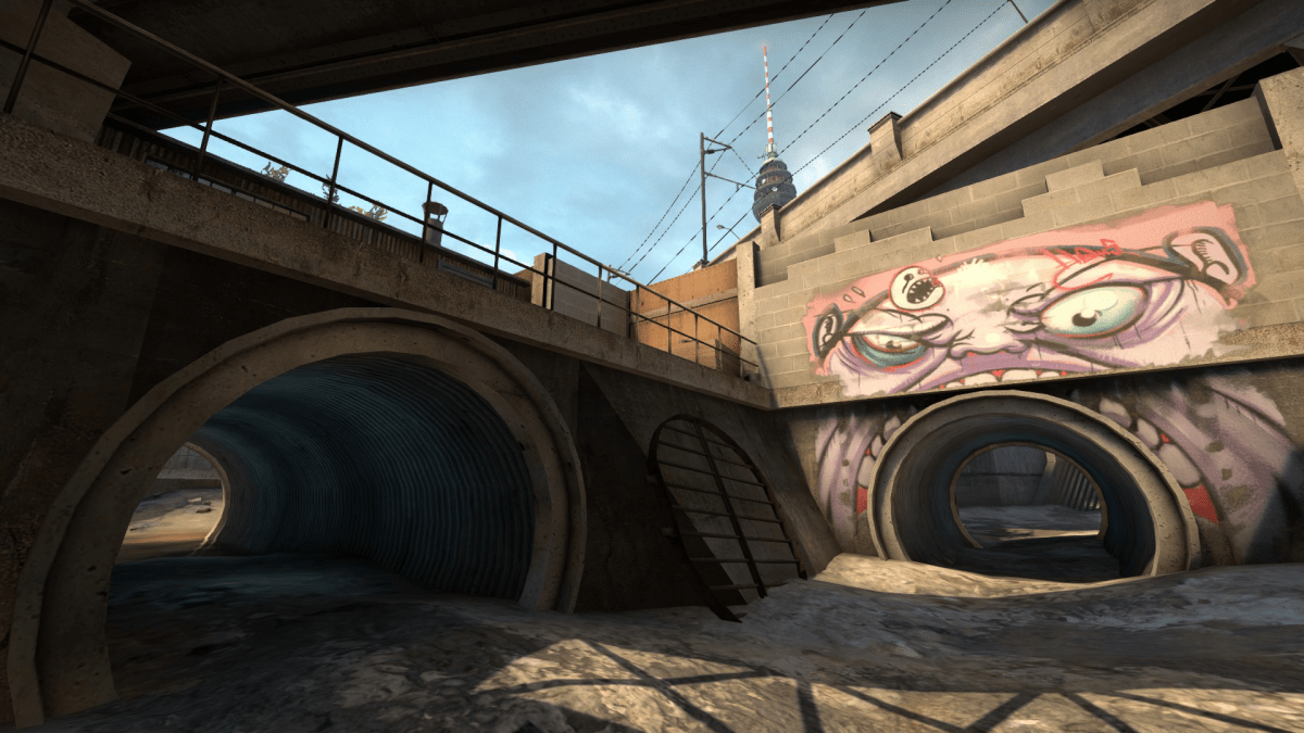 A standard view of CS:GO map Overpass near the callout "Monster."