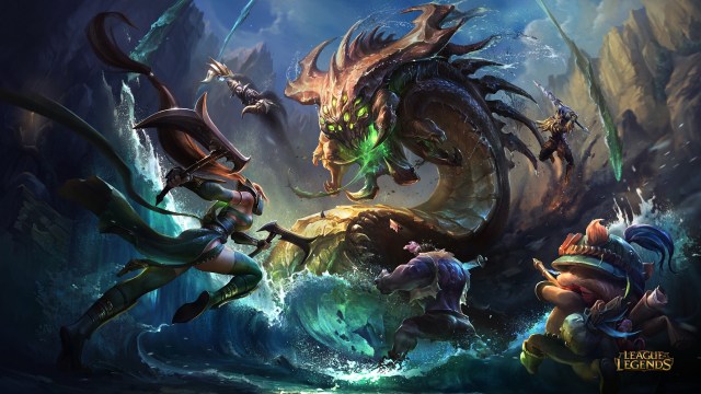 League of Legends image showing Akali fighting Baron Nashor.