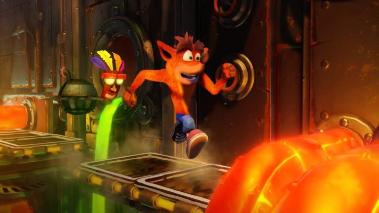 crash bandicoot running across a red hot pipe with aku aku over his shoulder