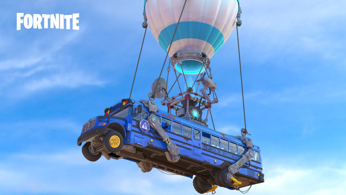 Fortnite's Battle Bus, a blue school bus with a balloon attached to the roof.