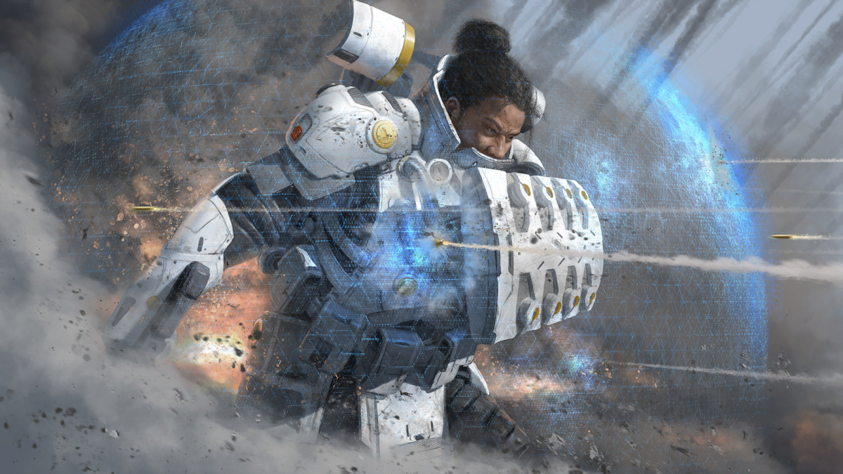 A side shot of Gibraltar looking off to the right, using his gun shield to block incoming damage