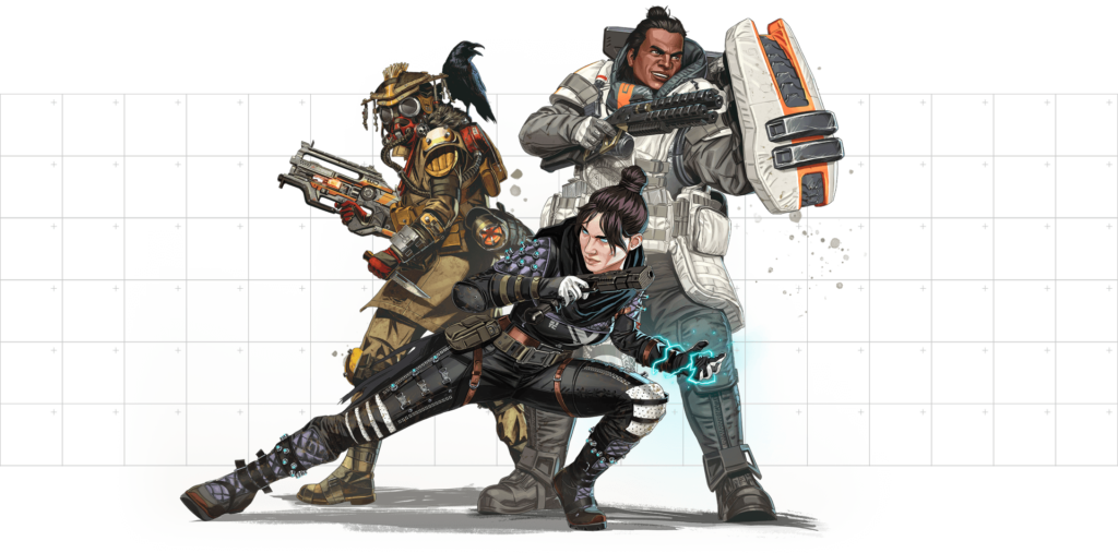 Apex characters Bloodhound, Gibraltar, and Wraith joining forces.