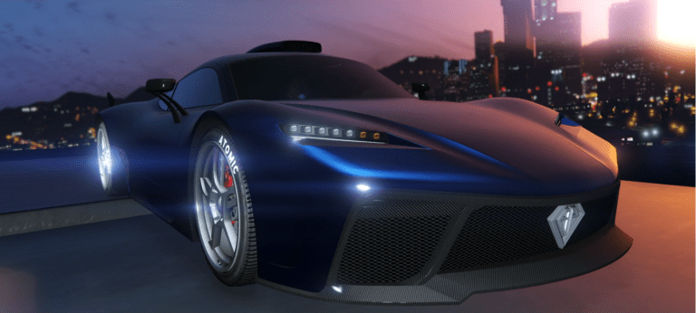 A Krieger car with a city in the background at sunset in GTA.