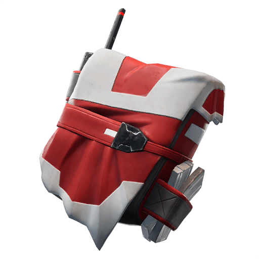 A red and white backpack with an antenna coming out of its side.