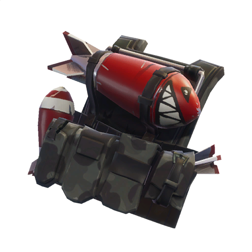 A Fortnite back bling with a red rocket with a grin drawn on its tip.