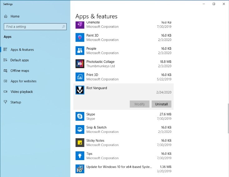 A screenshot of the Apps & Features page that you'll have to navigate on Windows to Uninstall Valorant