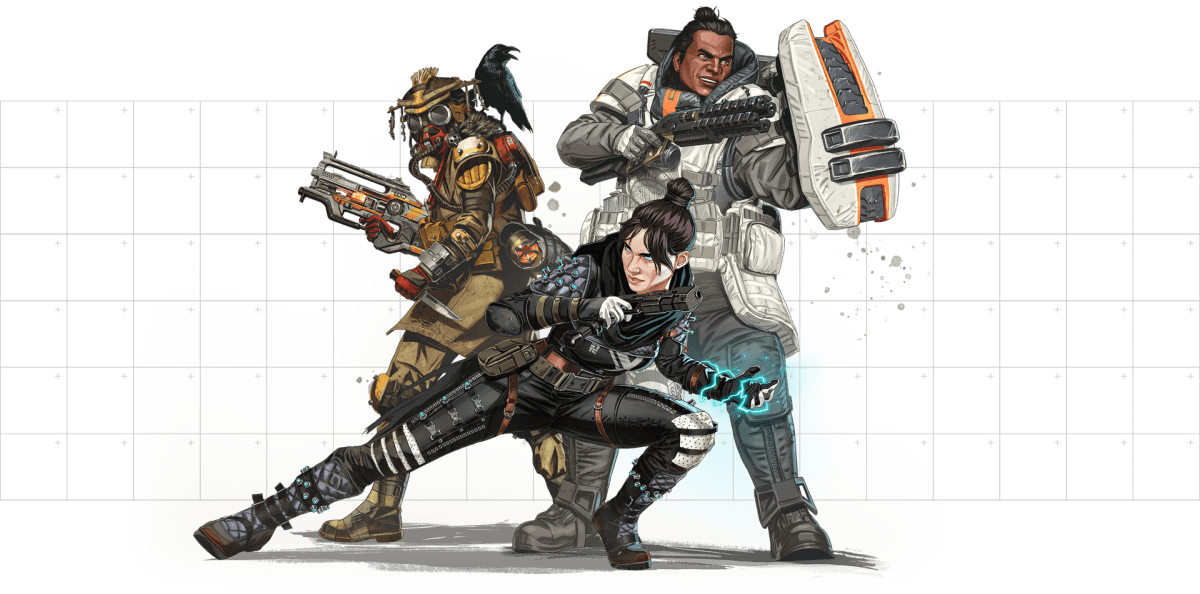 Apex characters Bloodhound, Gibraltar, and Wraith joining forces.