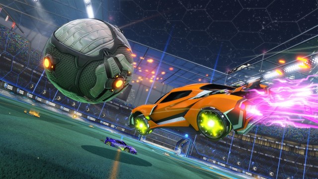 A car boosting through the air toward the ball in Rocket League