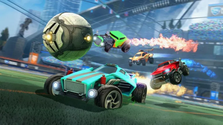 Screenshot of four Rocket League cars all boosting after the ball.