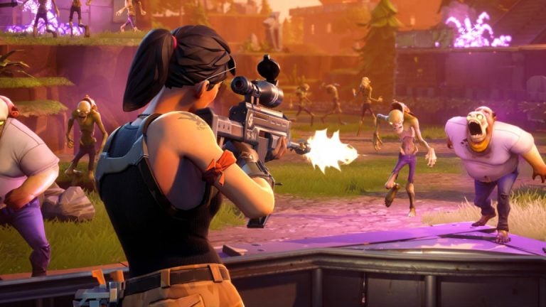 A female character from Fortnite shoots a gun at a skeleton