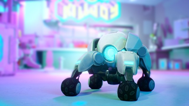 A Killjoy robot glowing blue with small wheels in VALORANT.