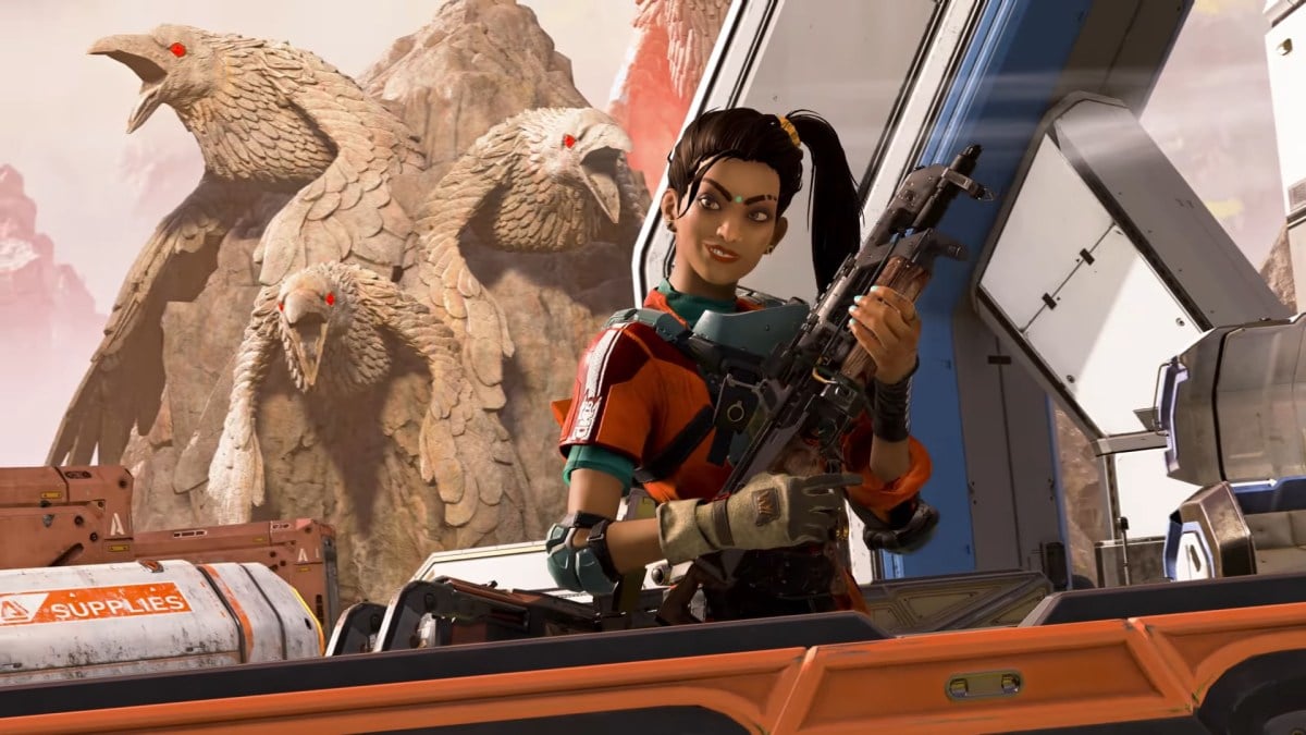 A screenshot of Apex Legends character Rampart smiling while holding a gun.