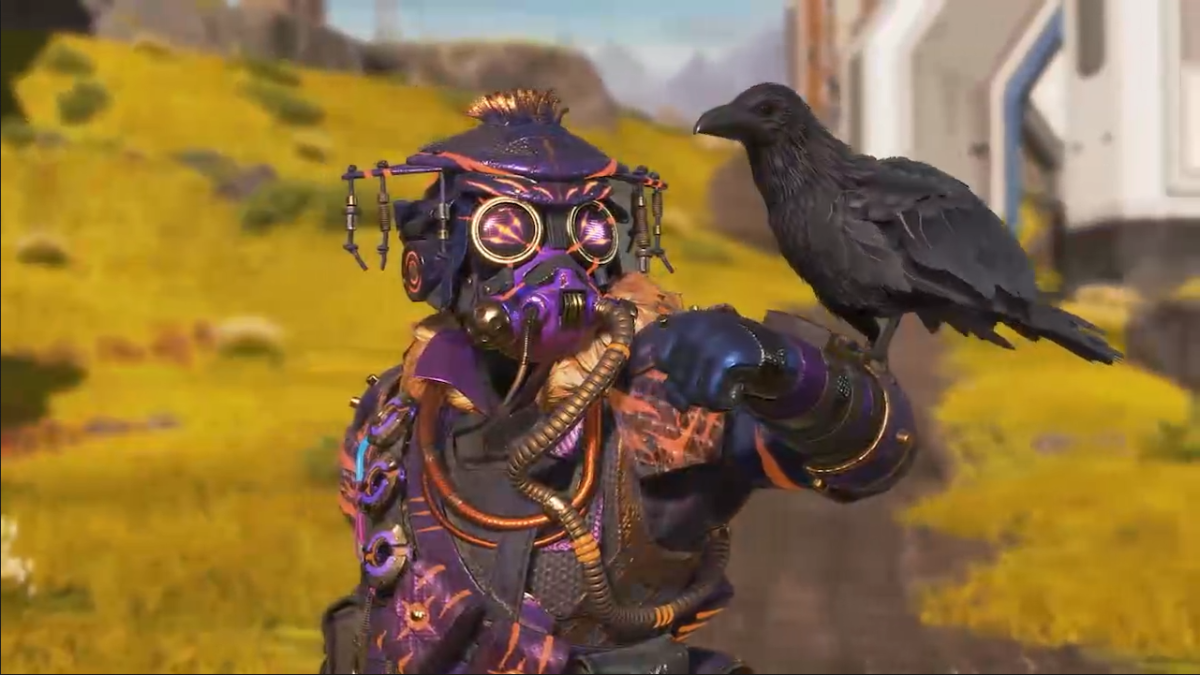 Apex character Bloodhound in a purple skin, with a black raven perched on their arm.