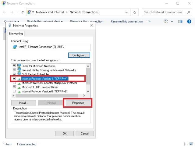 IPv4 DNS configuration in Windows.