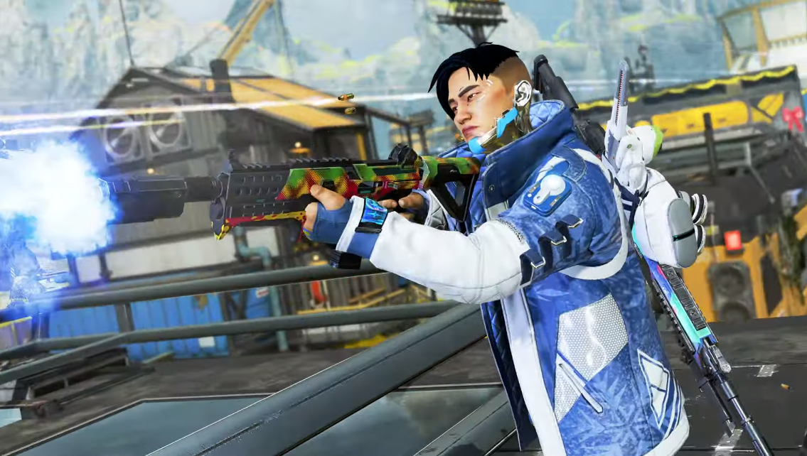 A screenshot of Apex Legends character Crypto shooting a gun at an unseen enemy.