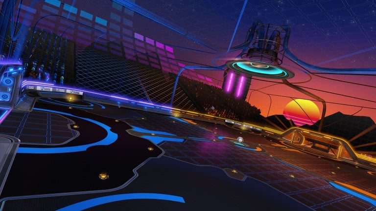 Blue and orange futuristic field in Rocket League.