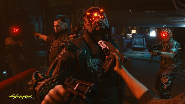 V in cyberpunk holding a pistol under the chin of a gangster with their nose and eyes replaced with harsh chrome and LEDs