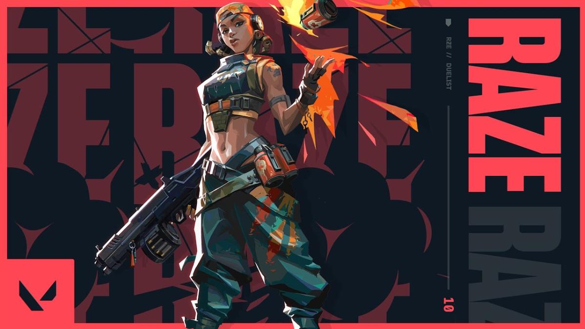 Promotional image for VALORANT agent Raze on a red and black background.