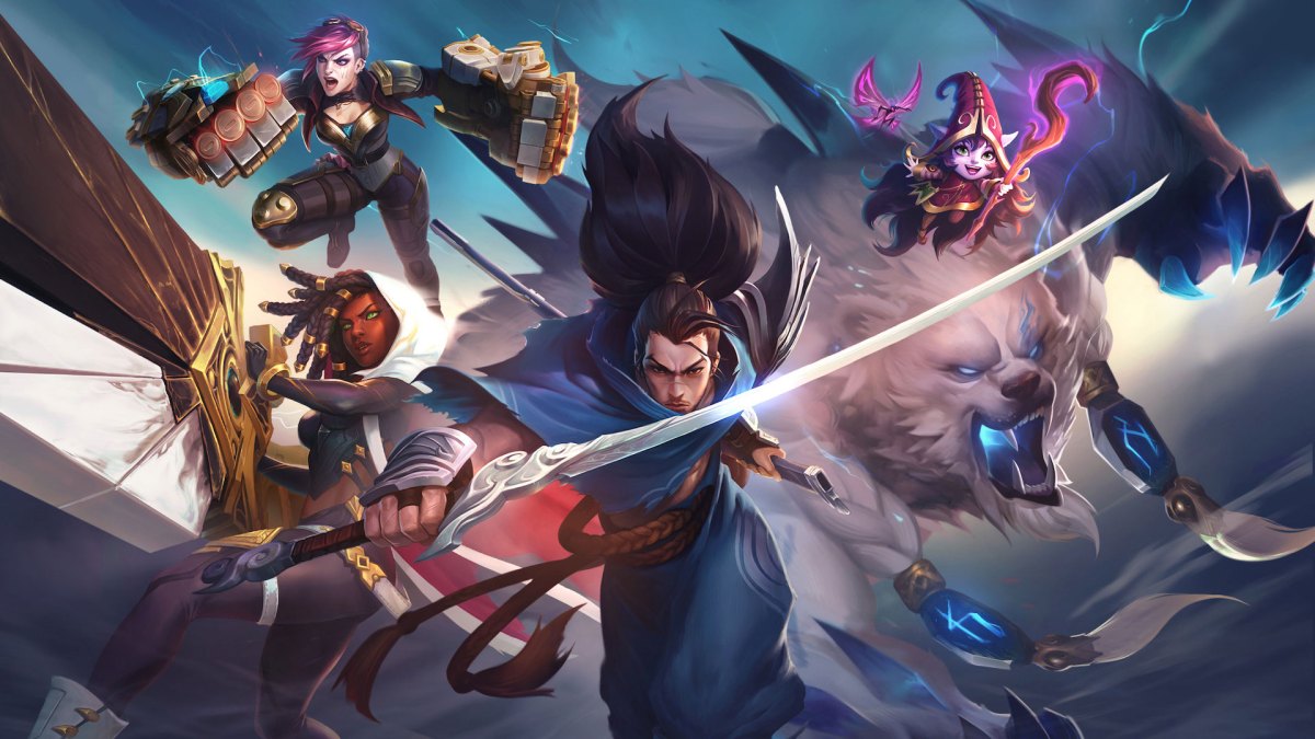 League of Legends champions Yasuo, Vi, Lulu, Senna, and Volibear.