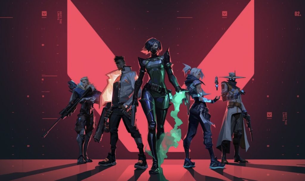 VALORANT characters standing in front of the VALORANT logo