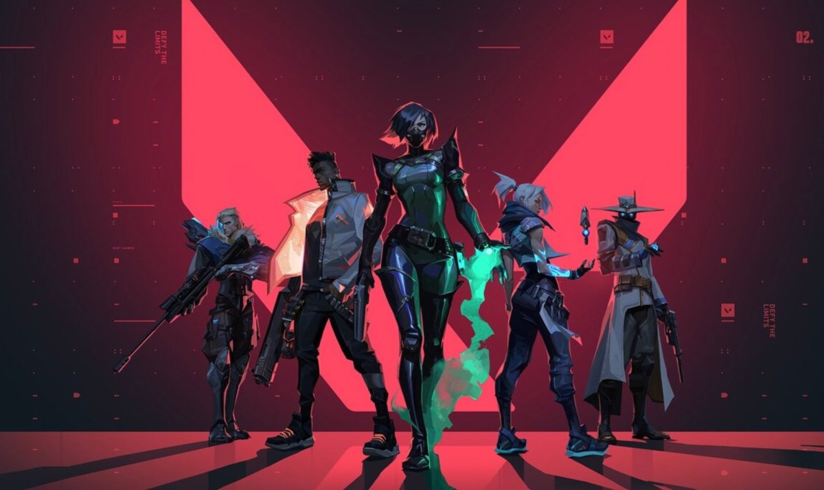 VALORANT characters standing in front of the VALORANT logo