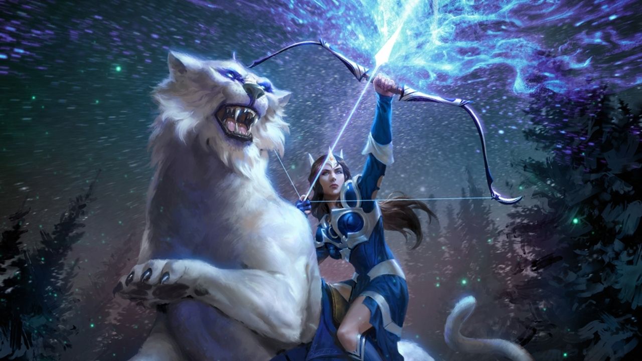 Mirana firing an arrow while sitting on her mount in Dota 2