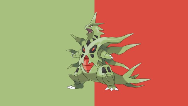 This screenshot shows readers what Mega Tyranitar looks like in Pokémon Go. It's a khaki dinosaur with massive spikes coming out of its body.