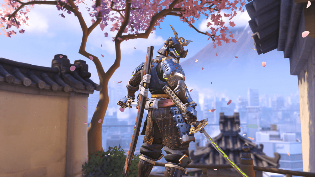 Genji from Overwatch posing in his Bushi, samurai-inspired skin.