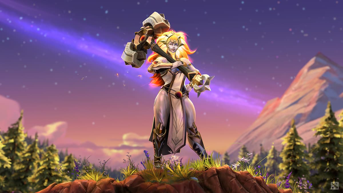 Dawnbreaker standing with her hammer on an open field in Dota 2