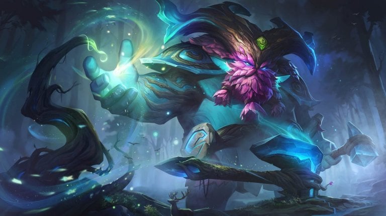 Splash art of Elderwood Ornn, who sports a green body with a purple beard and tree trunk-esque horns. He is illuminated by a green light he holds in his right hand.