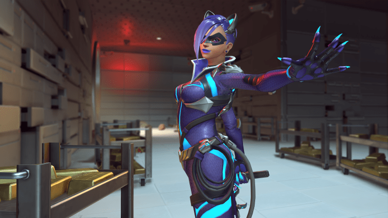 Overwatch hero Sombra's cat-themed skin.