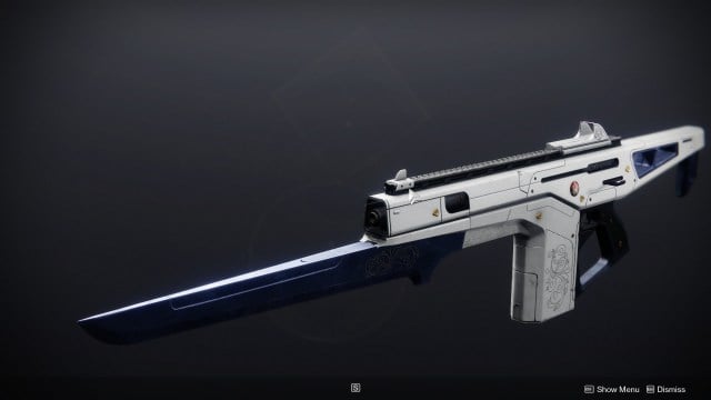 The Monte Carlo auto rifle in Destiny 2, with its prominent bayonet.