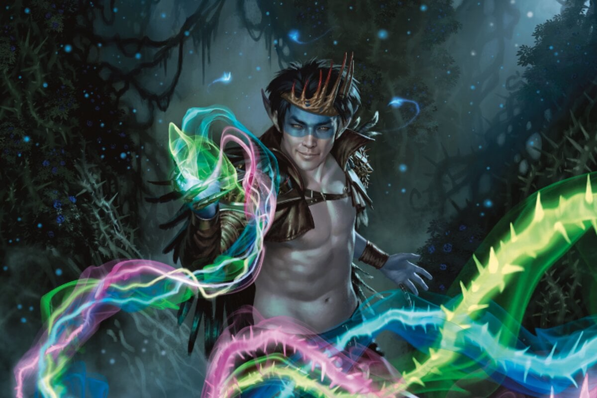 Image of MTG Planeswalker Oko, an elven-like creature channeling energy in MTG.