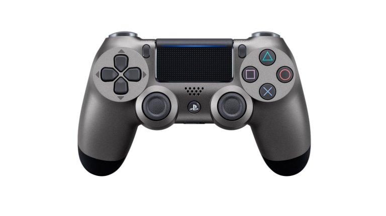 A grey and black PS4 controller