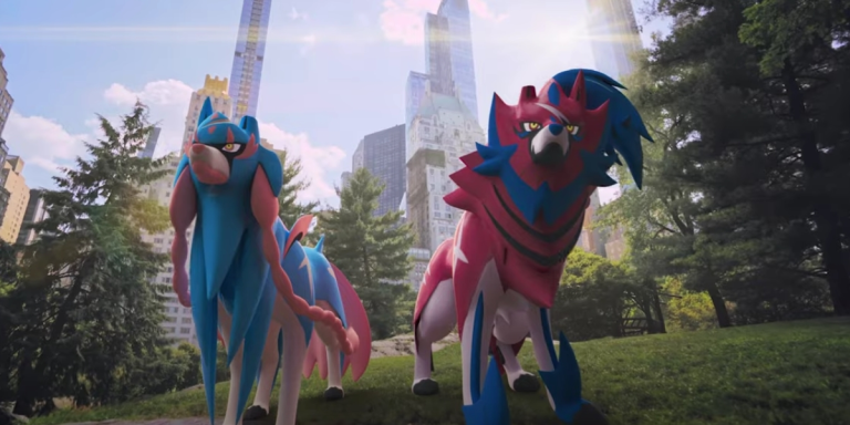 Zacian and Zamazenta, two dog-like Pokemon, walk forward in a city park.