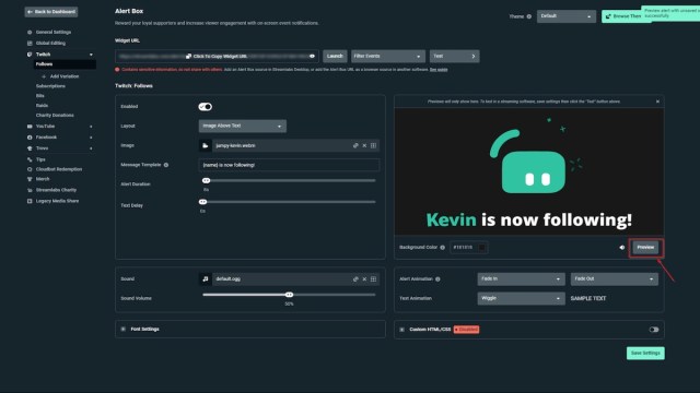 StreamLabs alert preview.