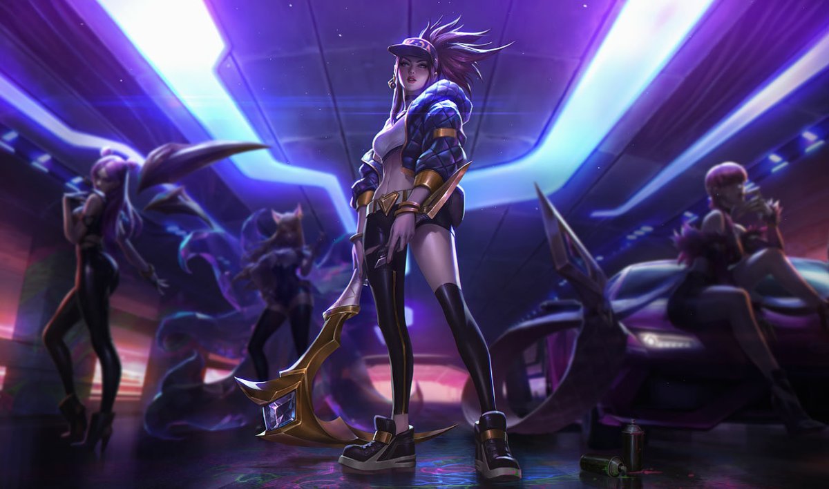 The splash art for the original K/DA skins, including Kai'Sa, Evelynn, Akali, and Ahri.