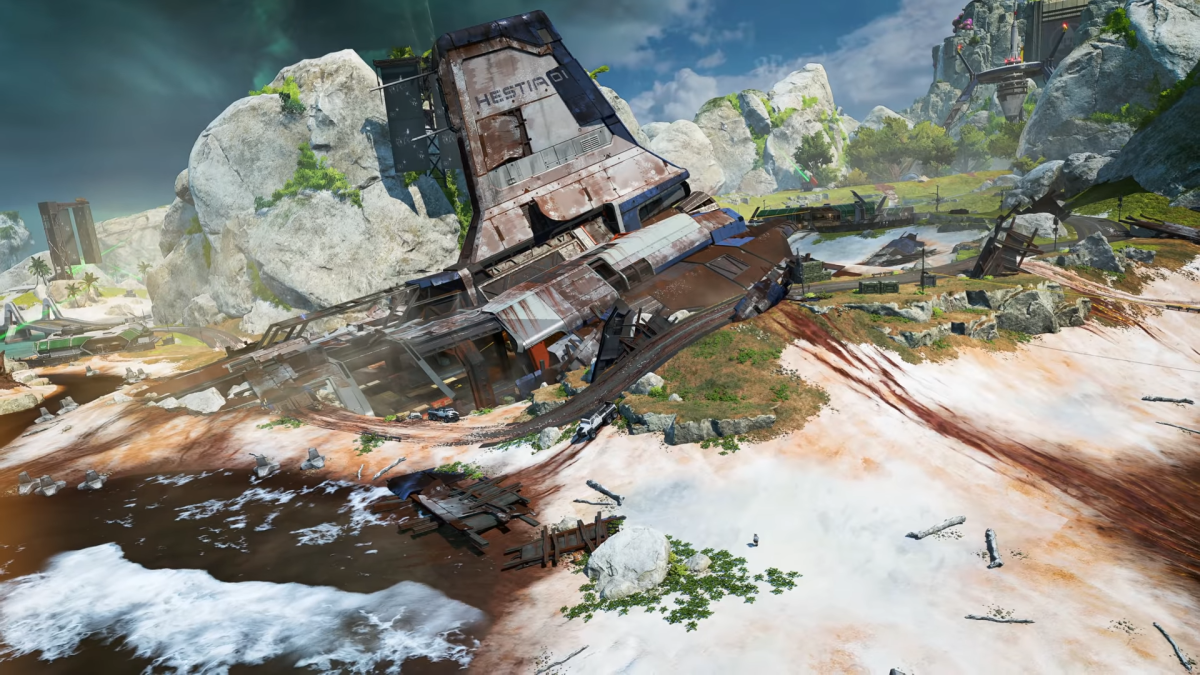 A rusty, dilapidated spaceship is broken apart on Storm Point's white beach, with blue skies and white cliffs in the background.