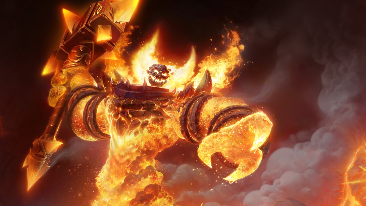 A promotional image of Ragnaros, the Firelord, for World of Warcraft Classic. In the image, Ragnaros is ready to strike with Sulfuras, and he has a flaming orange claw outstretched towards the foreground.