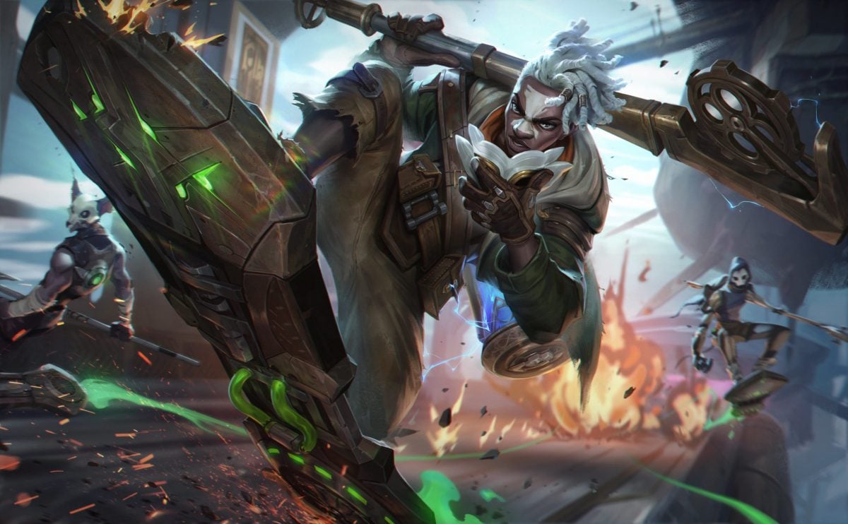 Picture showing the Firelight Arcane Ekko on his hoverboard.