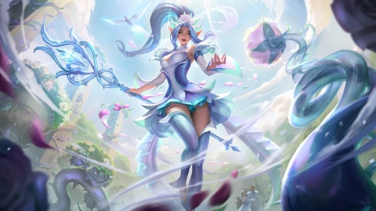 Crystal Rose Janna appears dressed for a wedding, complete with a white dress, white scepter, and white dove familiar.